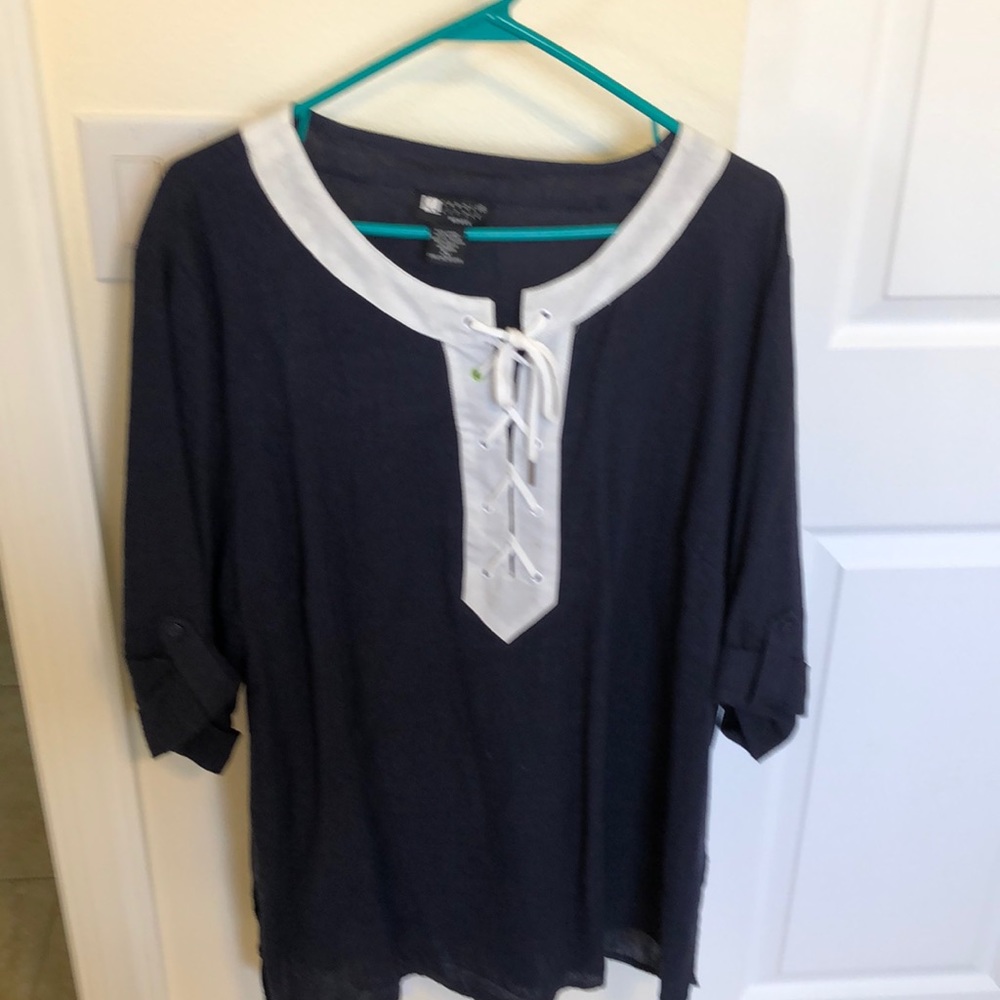 Navy blue and white linen blouse